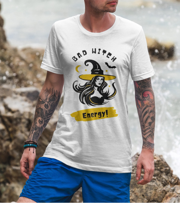 Bad Witch Energy Halloween Moon Bat Hat T-Shirt