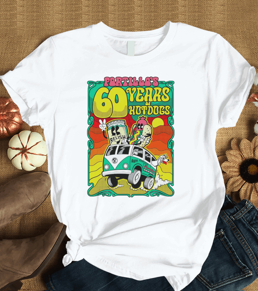 Portillo’s 60 Years Of Hotdogs Relish Relish Road Trip Cartoon Van Adventure T-Shirt