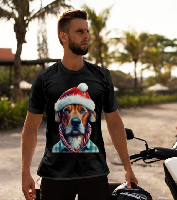 Dog In Santa Hat With Candy Cane Scarf Christmas T-Shirt