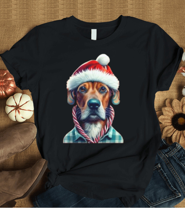 Dog In Santa Hat With Candy Cane Scarf Christmas T-Shirt