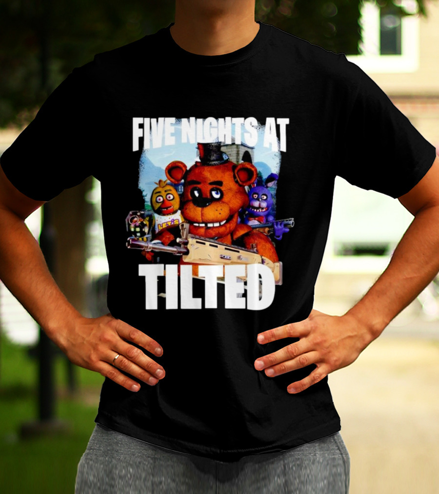 Five Nights At Tilted Freddy Bear Characters With Guns T-Shirt
