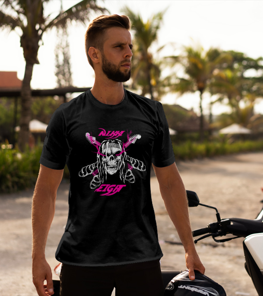 Nikki Eight Eight Skull Crossbones Guitars Pink Bandana T-Shirt