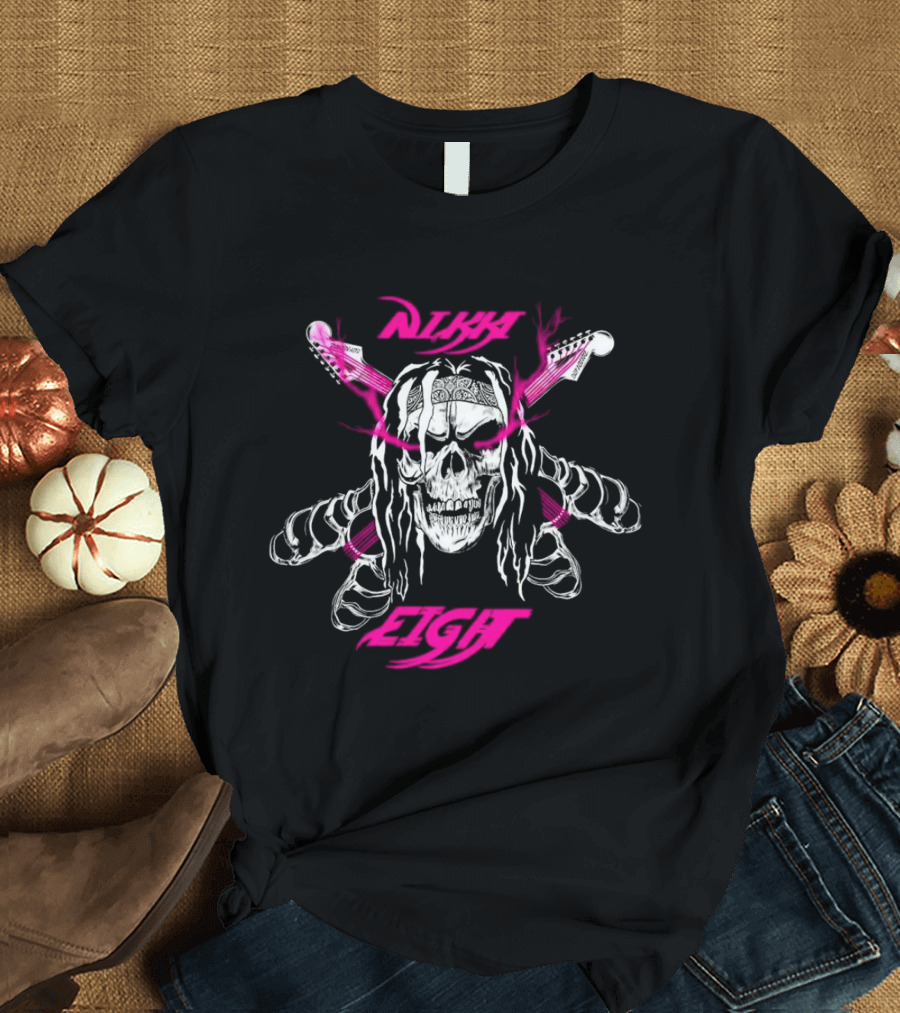 Nikki Eight Eight Skull Crossbones Guitars Pink Bandana T-Shirt