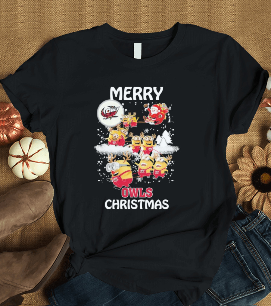 Minions Merry Temple Owls Christmas Santa Snow Scene T-Shirt