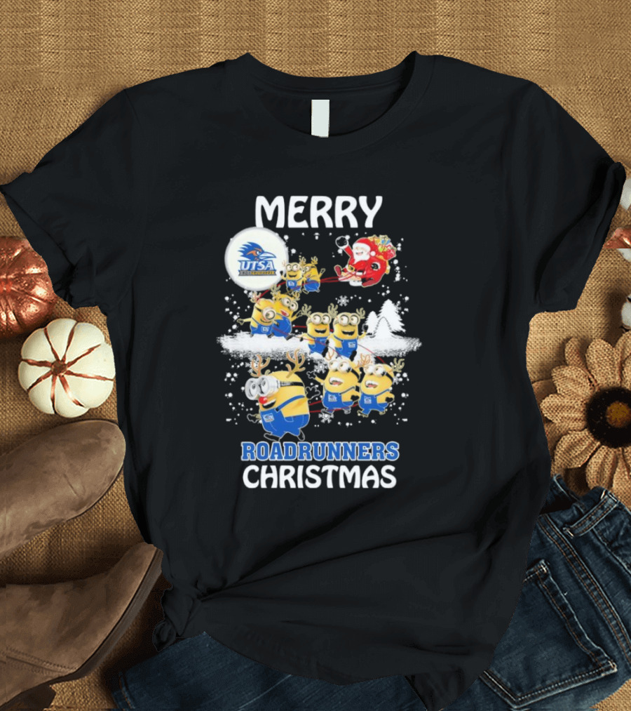 Merry UTSA Roadrunners Minions Christmas With Santa And Reindeer T-Shirt