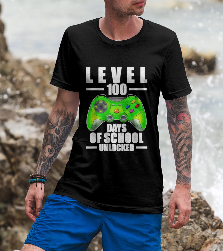 LEVEL 100 DAYS OF SCHOOL UNLOCKED GAMING CONTROLLER T-Shirt