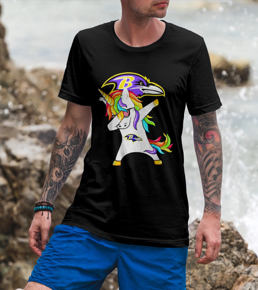 Unicorn Dabbing With Baltimore Ravens Logo And Rainbow Mane T-Shirt