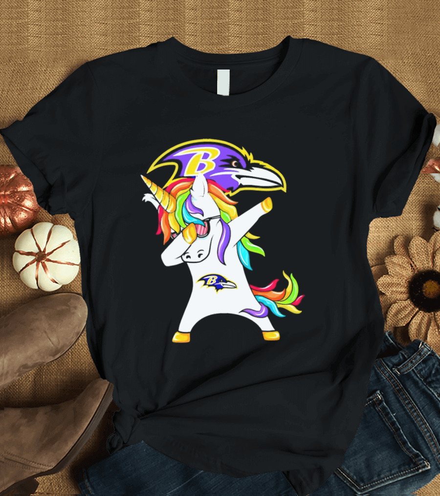 Unicorn Dabbing With Baltimore Ravens Logo And Rainbow Mane T-Shirt