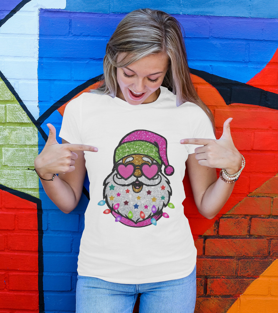 Glittery Pink Santa Claus With Heart Sunglasses And Colorful Stars And Holiday Lights T-Shirt
