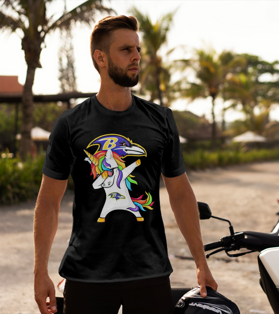 Unicorn Dabbing Baltimore Ravens Emblem Rainbow Colors T-Shirt