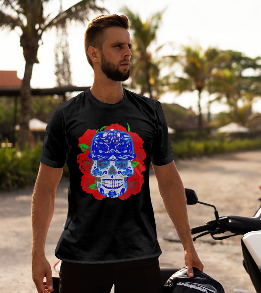Dallas Cowboys Sugar Skull With Blue Star Hat And Roses T-Shirt