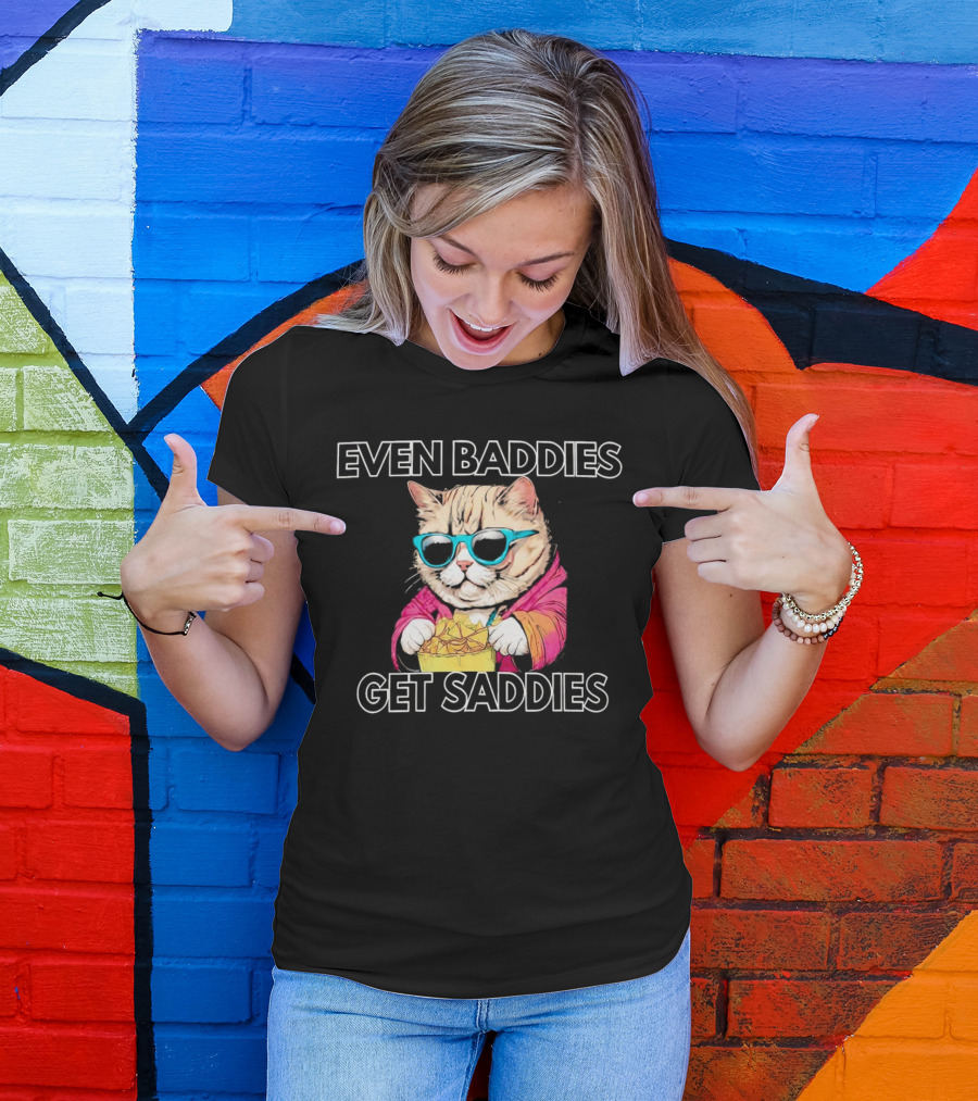 Even Baddies Get Saddies Cool Cat With Sunglasses Eating Chips T-Shirt