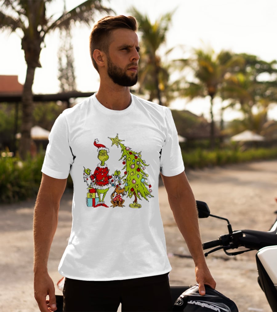 Grinch In Santa Hat And Dog With Christmas Tree And Presents T-Shirt