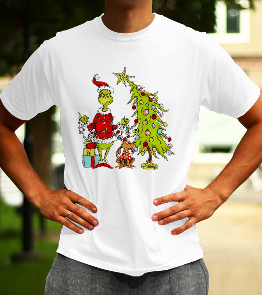 Grinch In Santa Hat And Dog With Christmas Tree And Presents T-Shirt