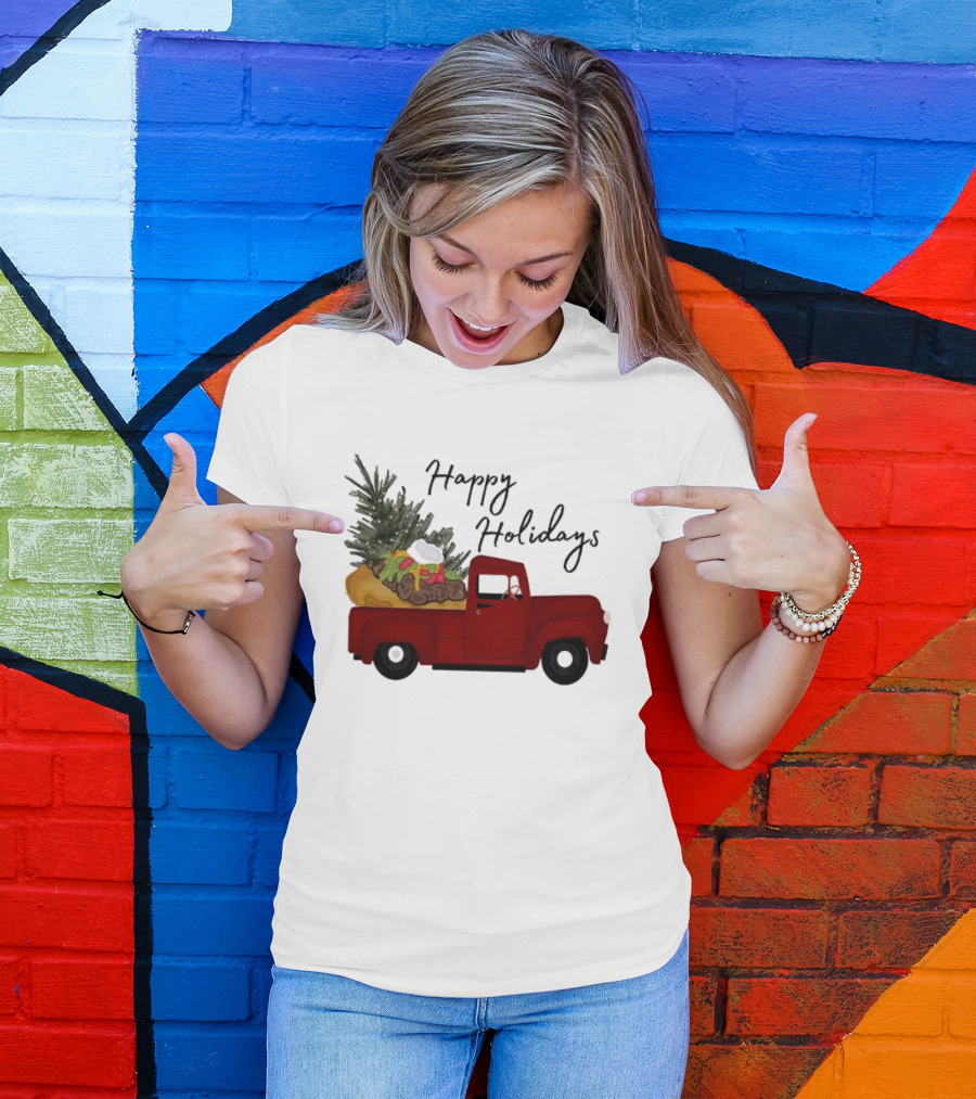 Happy Holidays Red Truck With Taco And Tree T-Shirt
