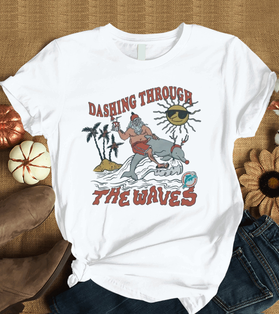 Dashing Through The Waves Miami Dolphins Christmas Santa Riding Dolphin T-Shirt