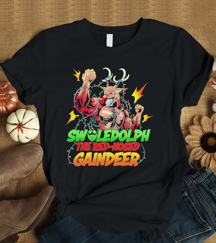 Swoledolph The Red-Nosed Gaindeer Christmas Lights Flexing T-Shirt