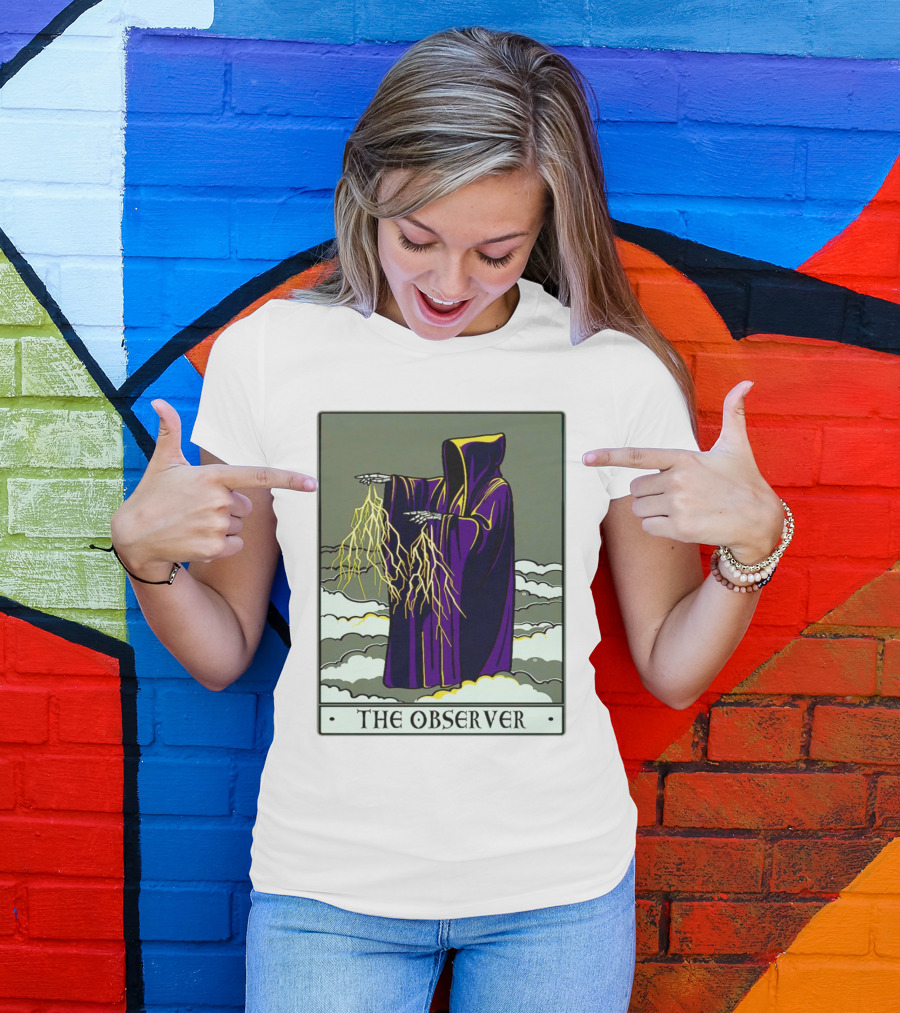 The Observer Hooded Figure With Lightning Tarot Card T-Shirt