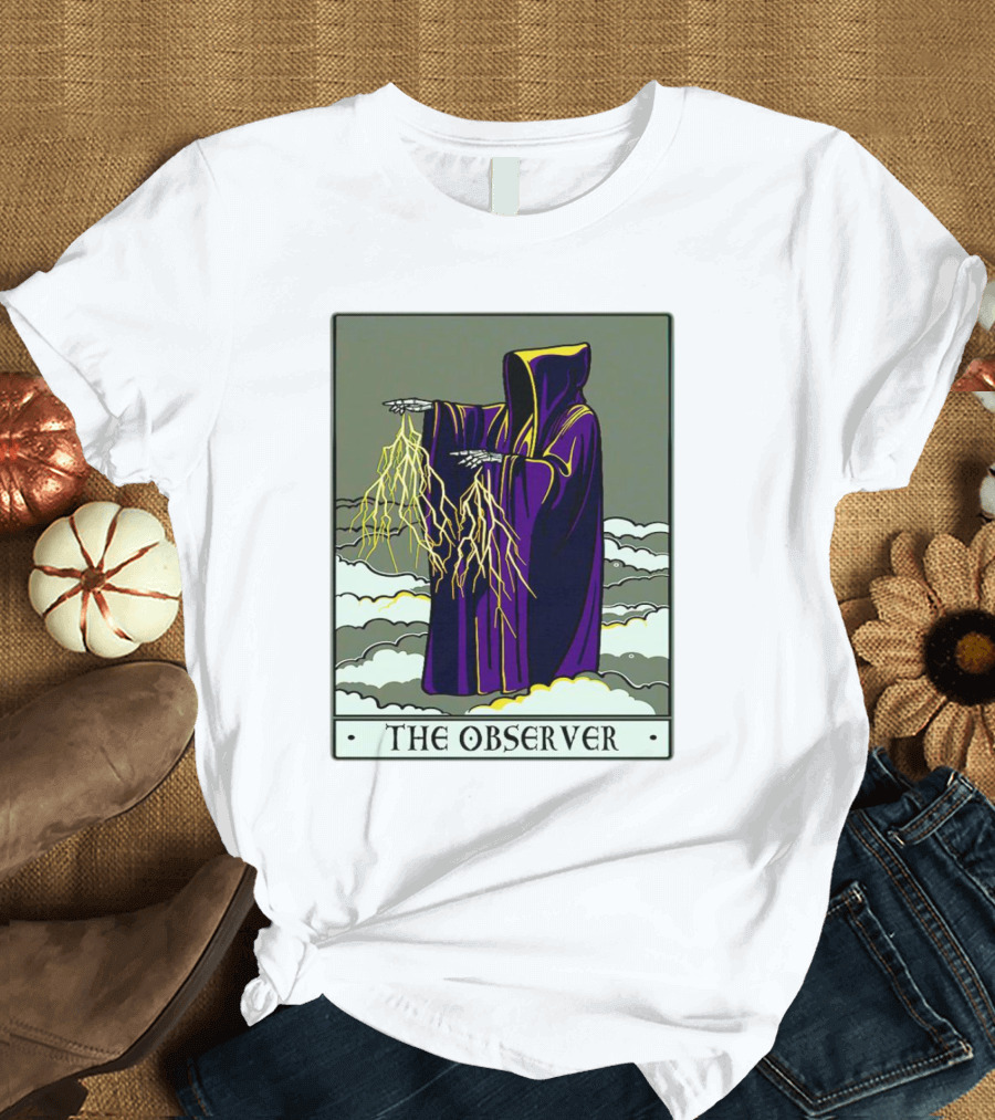The Observer Hooded Figure With Lightning Tarot Card T-Shirt