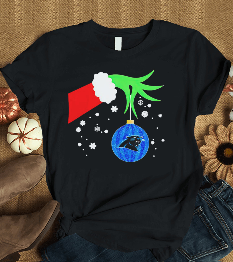 The Grinch Holding Carolina Panthers Christmas Ornament With Snowflakes T-Shirt