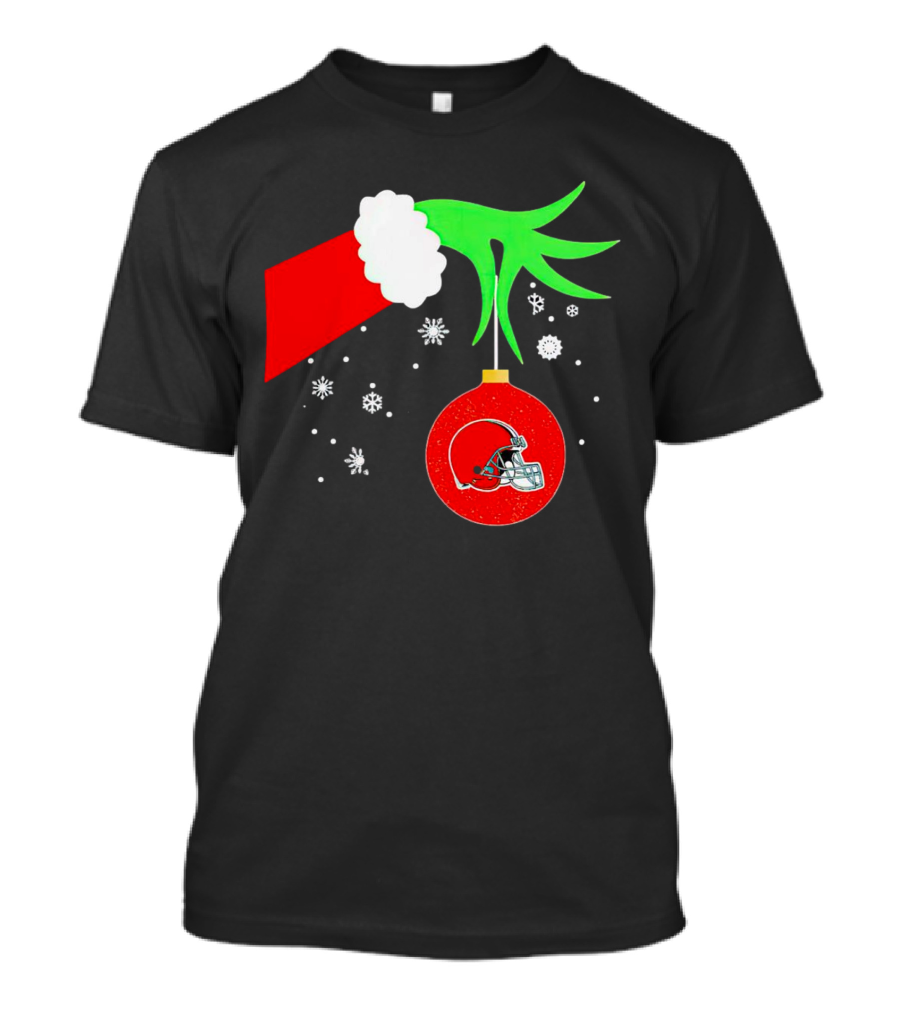 The Grinch Holding Cleveland Browns Ornament With Snowflakes T-Shirt