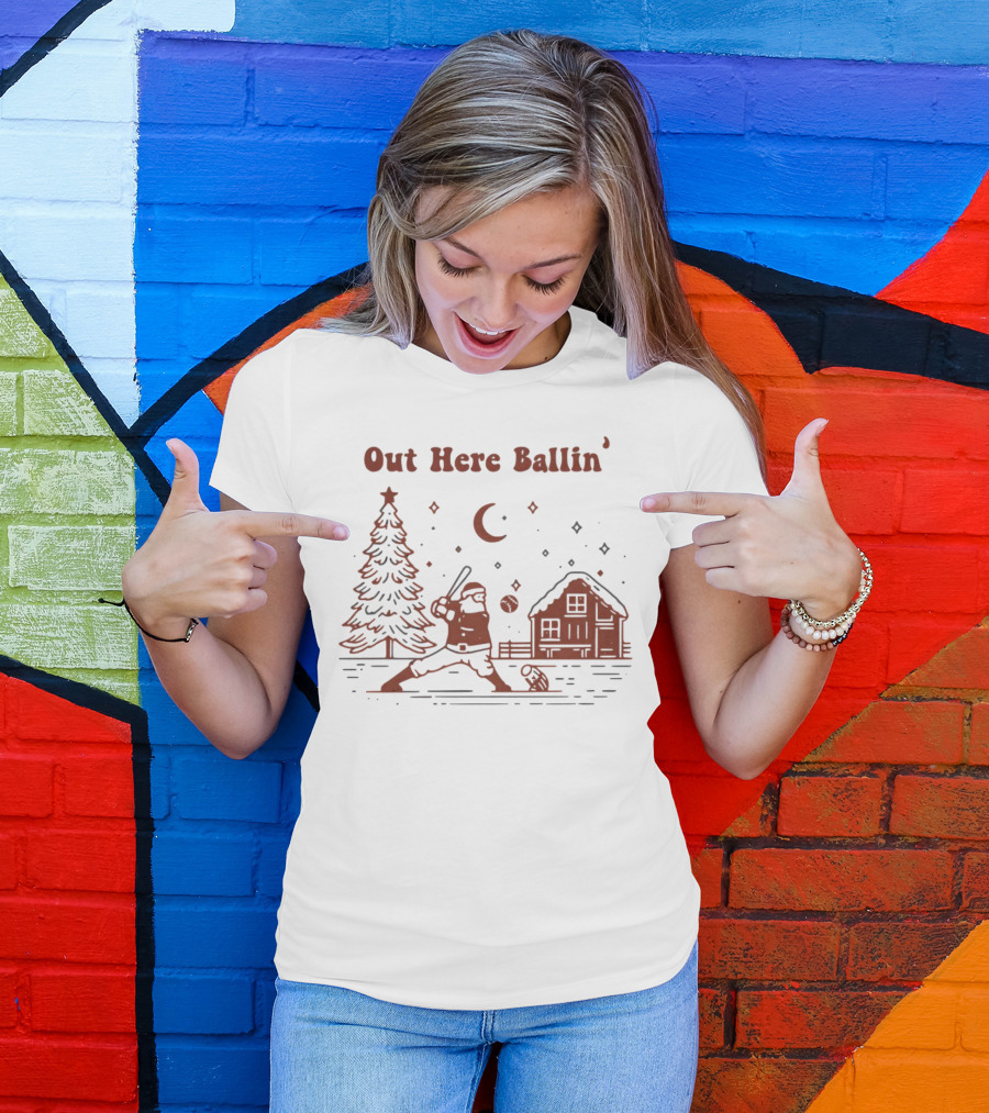 Out Here Ballin' Santa Playing Baseball Christmas Scene T-Shirt
