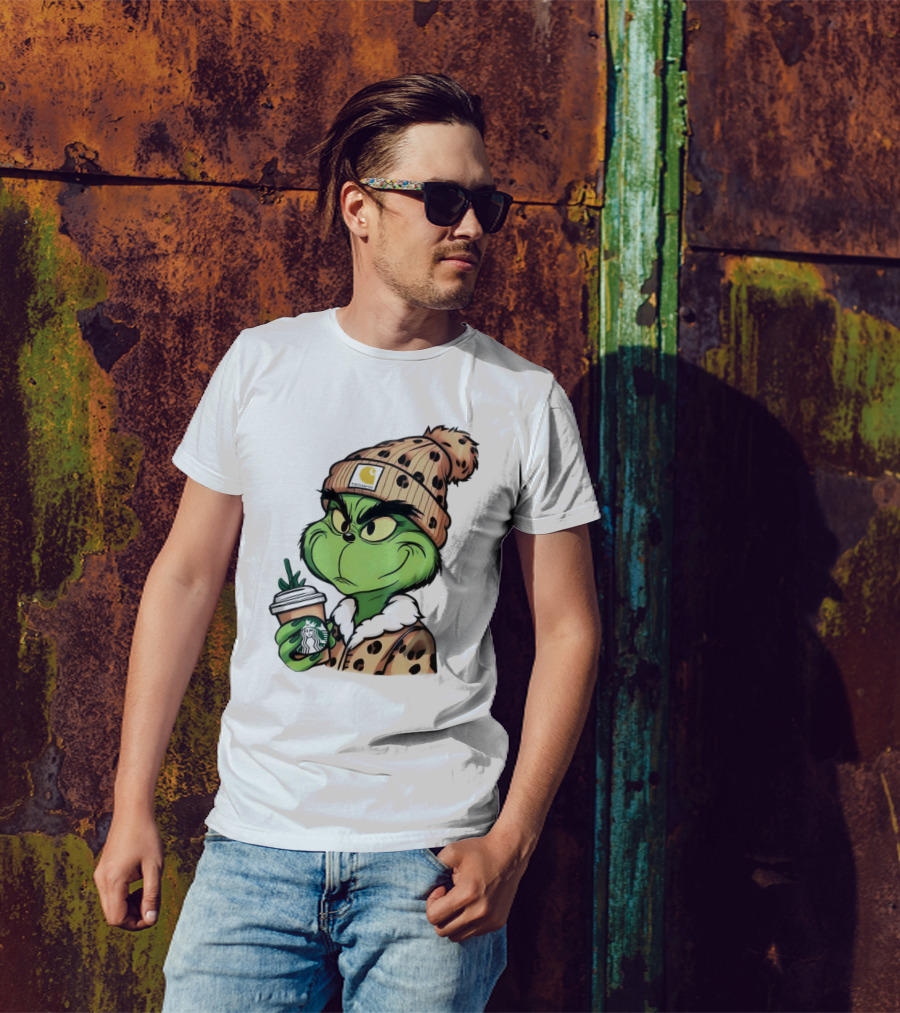 Grinch Boujee Leopard Coffee Cozy Winter T-Shirt