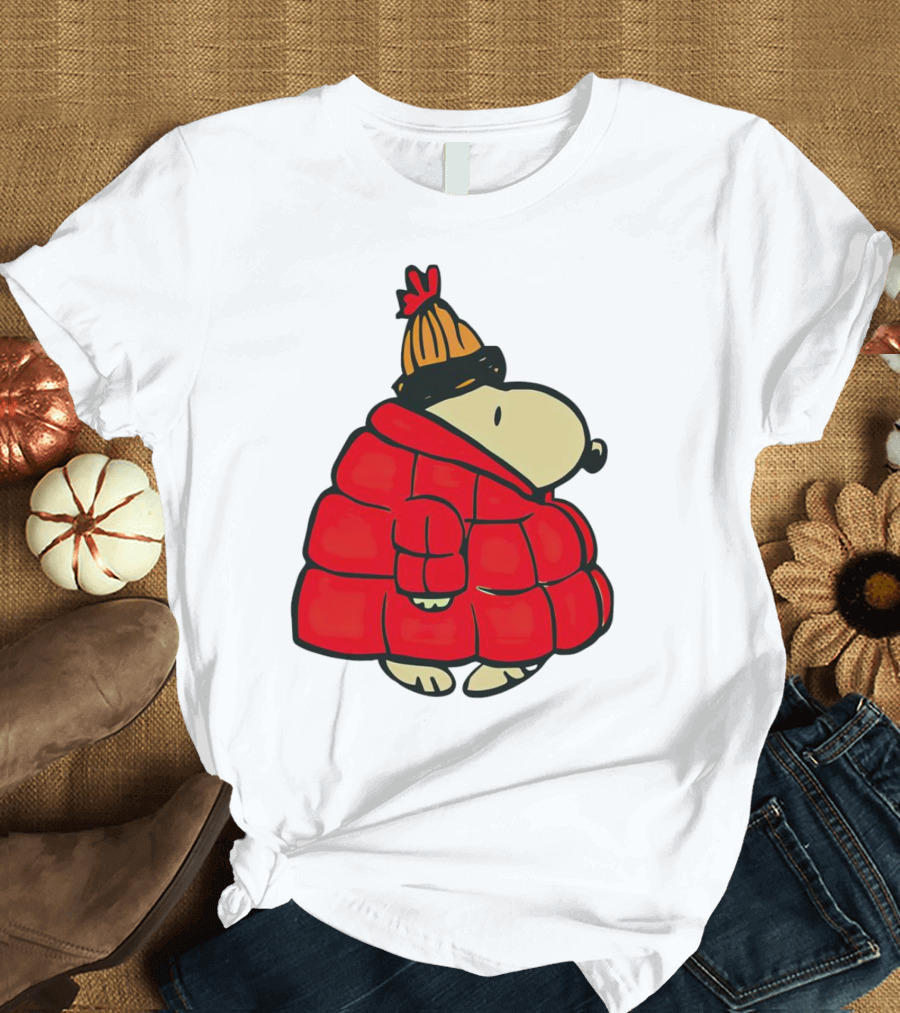 Snopy Puffer Coat Winter Christmas Beanie T-Shirt