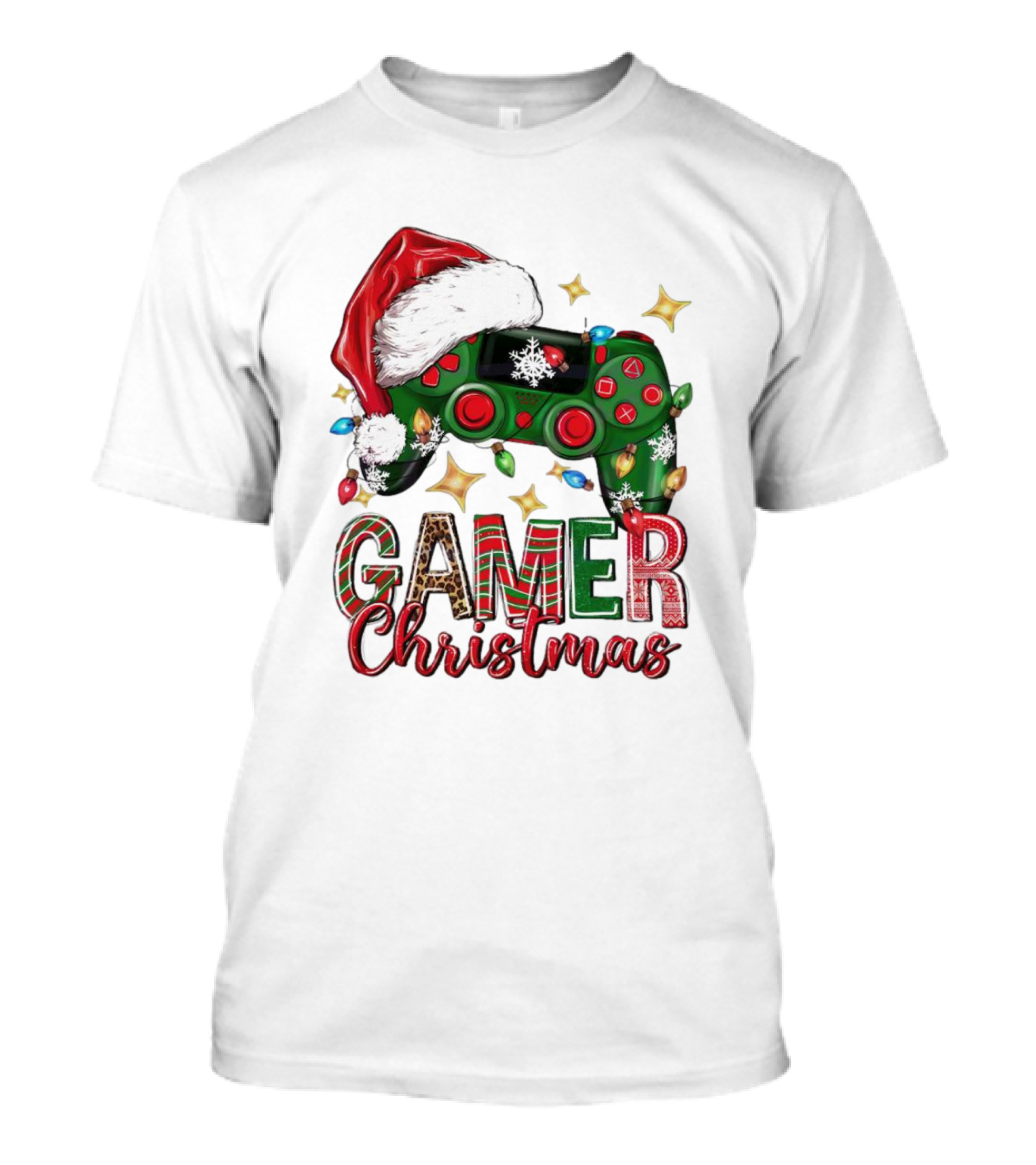 Gamer Christmas Santa Hat Game Controller Holiday Lights T-Shirt