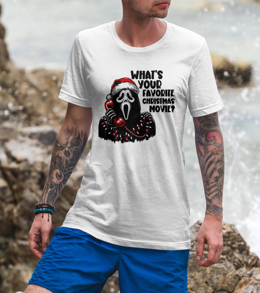Ghostface What's Your Favorite Christmas Movie Festive Horror Santa Hat Phone Lights T-Shirt