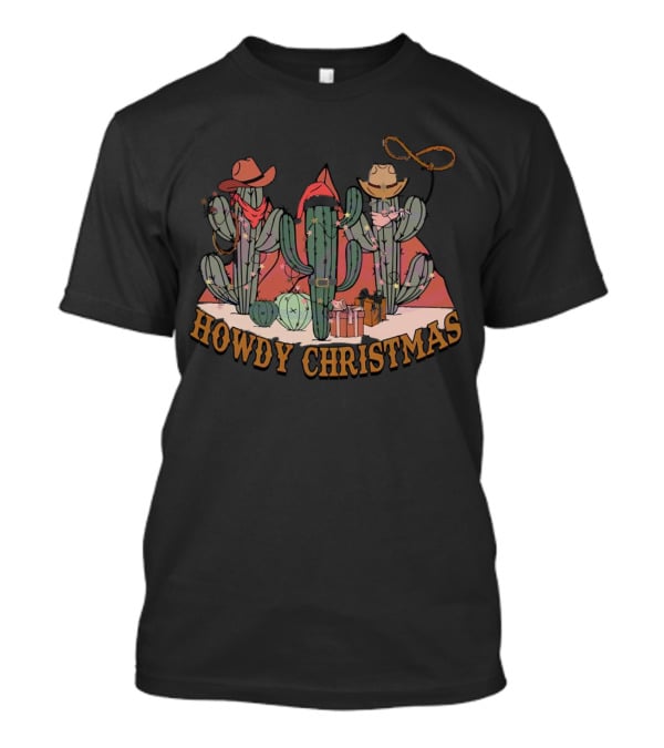 Howdy Christmas Cactus Cowboy Hats And Lasso Holiday Scene T-Shirt