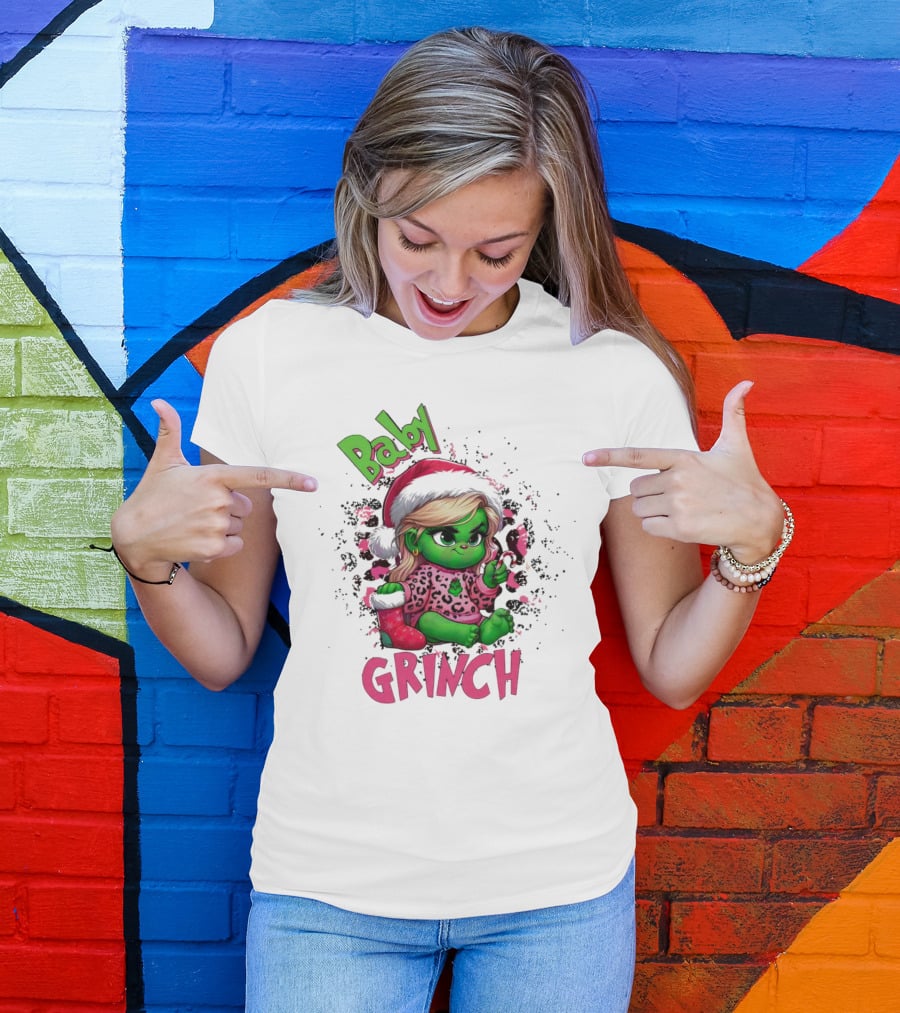Baby Grinch Pink Leopard Christmas T-Shirt