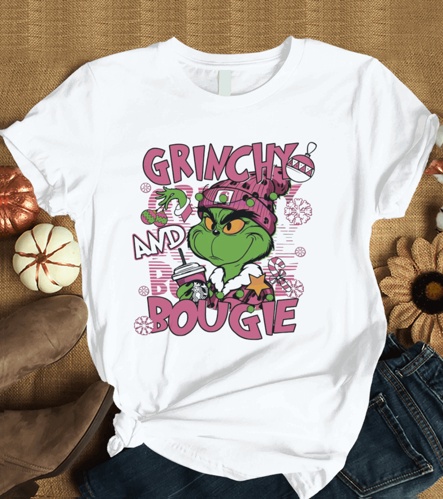 Grinchy And Bougie Pink Christmas Holiday T-Shirt
