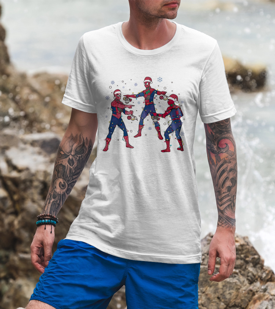 Funny Marvel Three Spiderman Meme Santa Christmas Lights Snowflakes T-Shirt