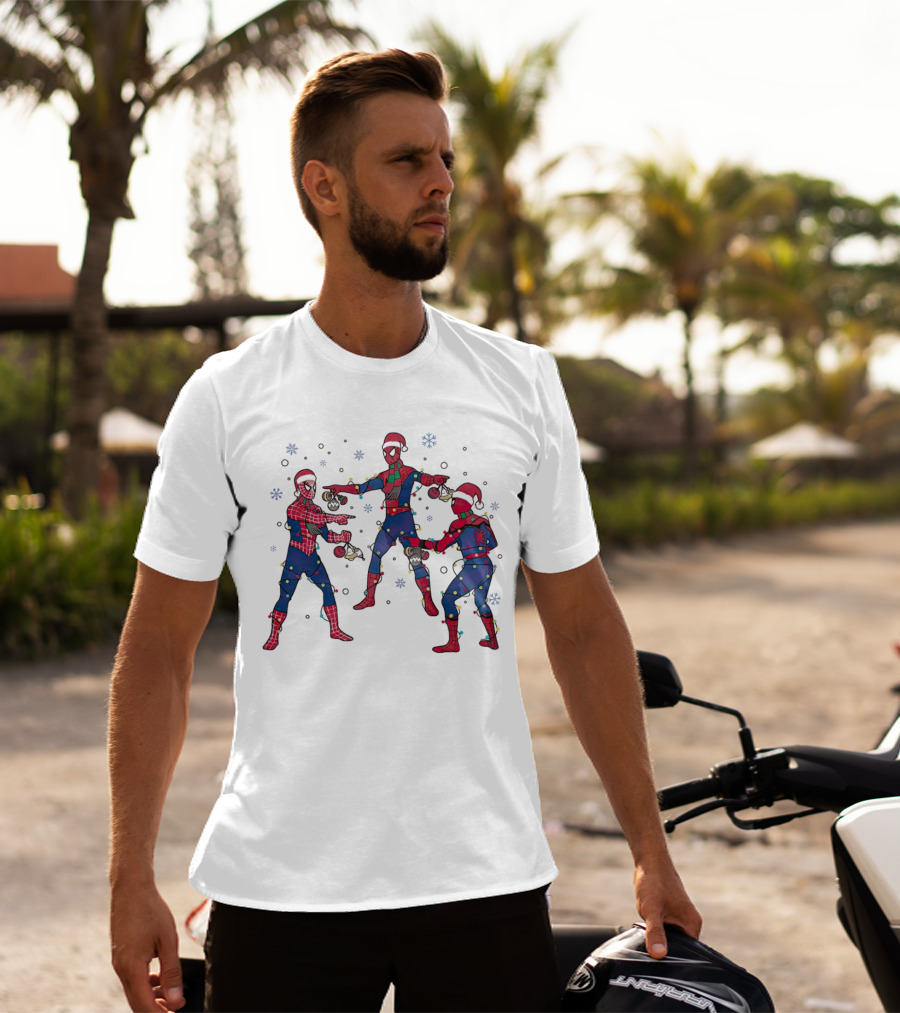 Funny Marvel Three Spiderman Meme Santa Christmas Lights Snowflakes T-Shirt