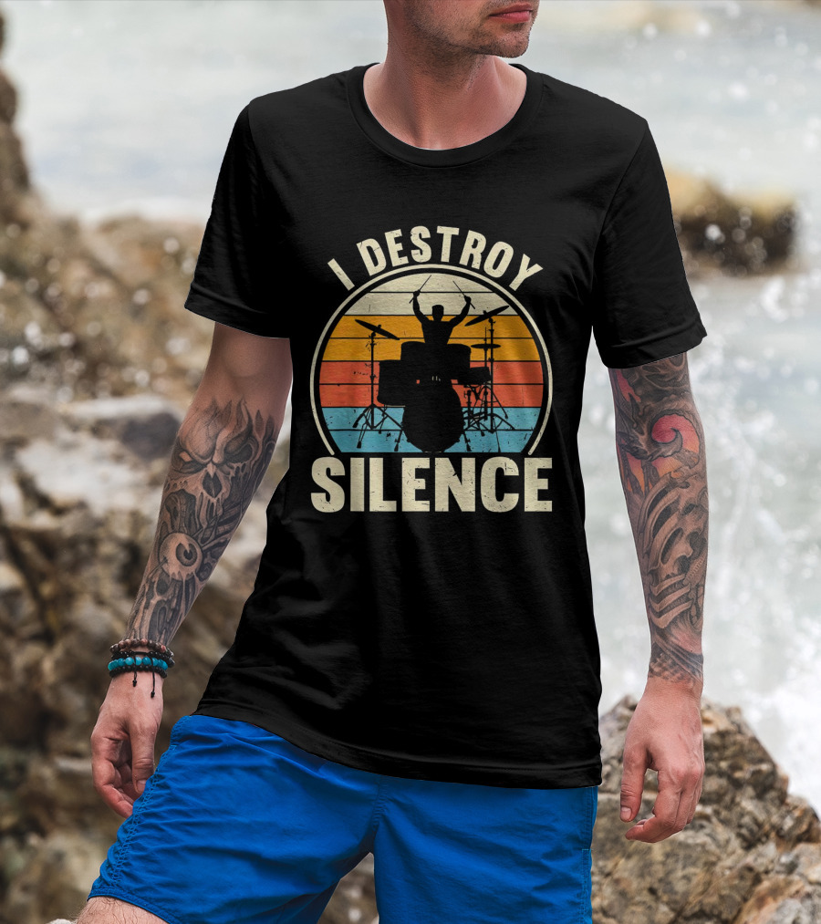 I Destroy Silence Drummer Vintage Sunset T-Shirt