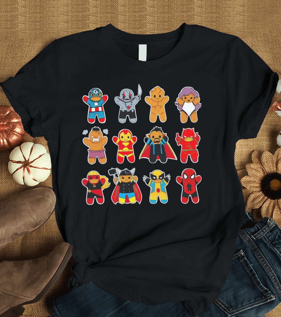 Gingerbread Super Heroes Cookie Avengers Guardians Comic Fun T-Shirt