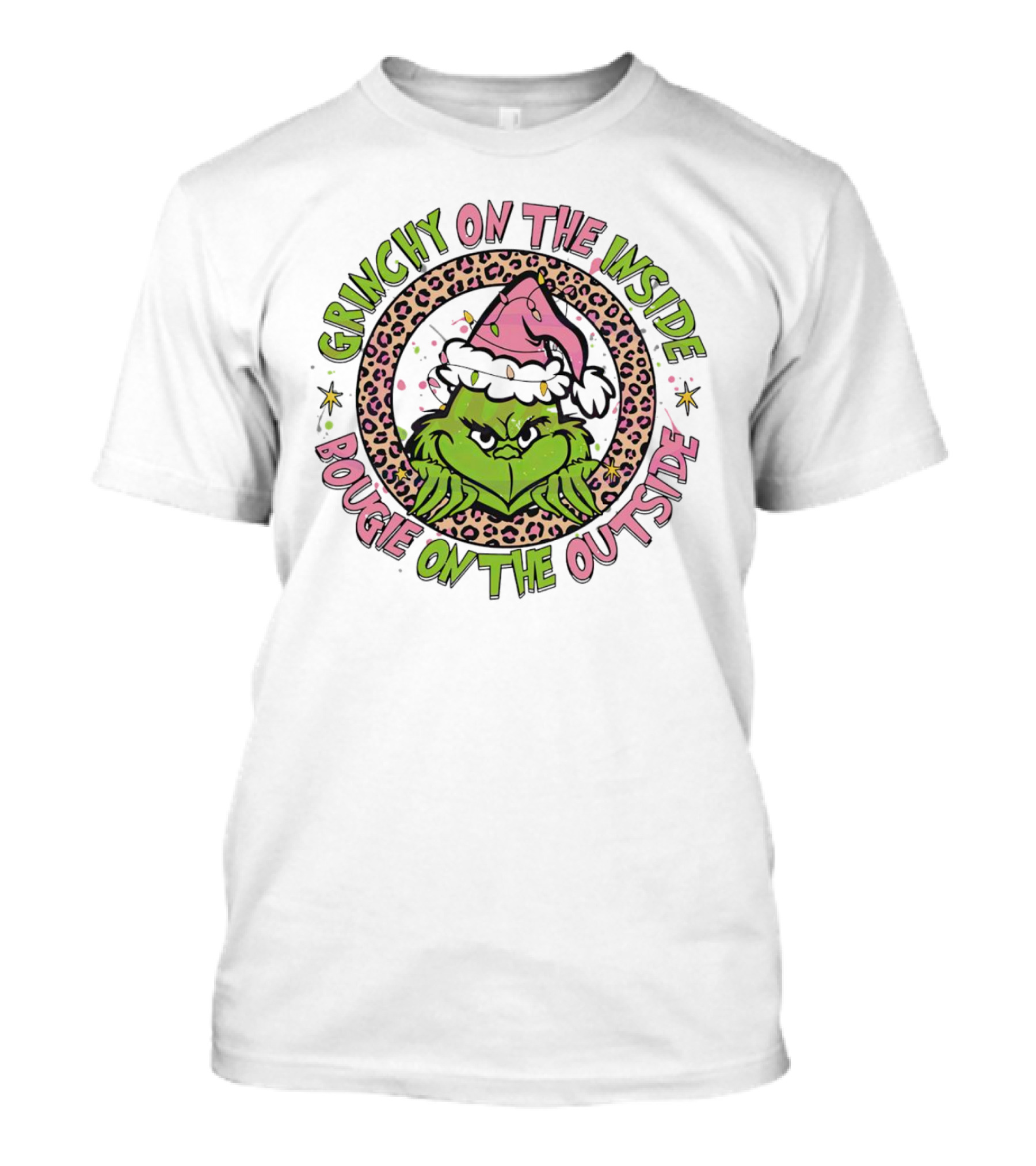 Grinchy On The Inside Bougie On The Outside Leopard Santa Hat T-Shirt