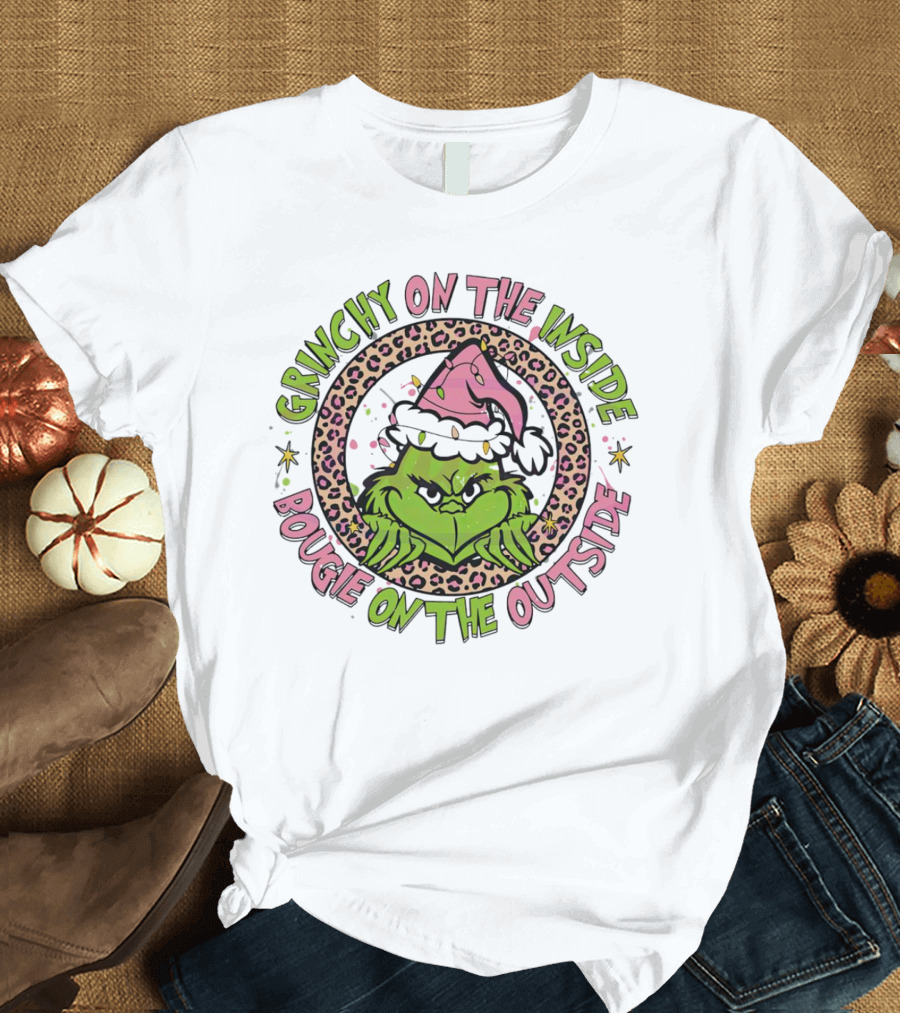 Grinchy On The Inside Bougie On The Outside Leopard Santa Hat T-Shirt