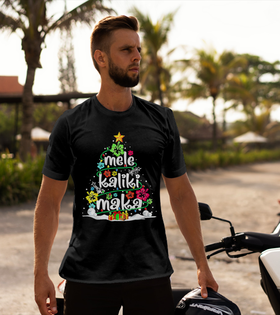 Mele Kalikimaka Christmas Tree With Flowers And Gifts T-Shirt