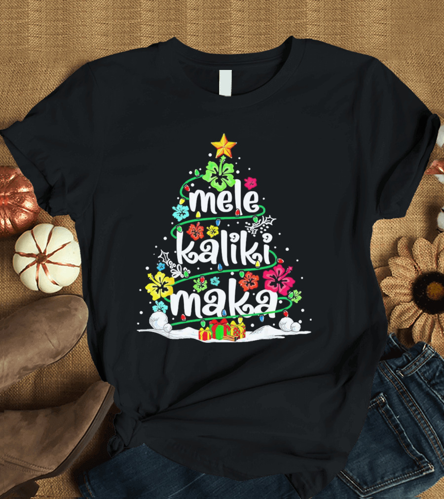 Mele Kalikimaka Christmas Tree With Flowers And Gifts T-Shirt