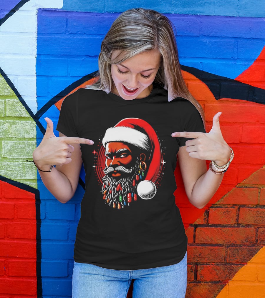 Santa African Christmas Festive Lights Beard Santa Hat T-Shirt