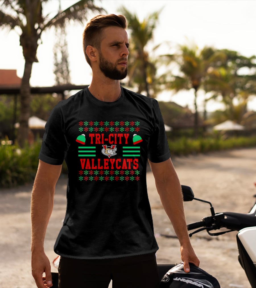 Tri-City ValleyCats Holiday Snowflake Pattern With Festive Hat And Cat T-Shirt