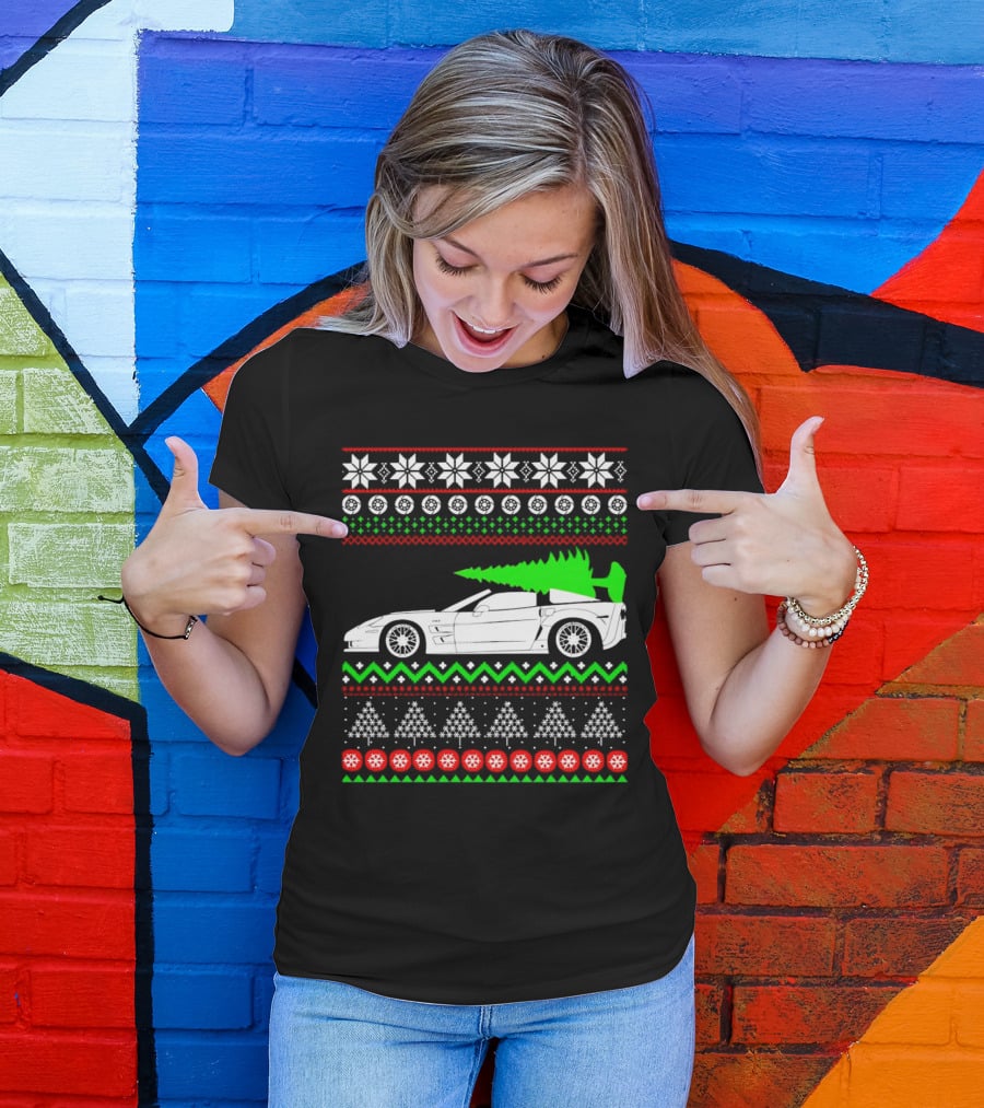 Corvette C6 Ugly Christmas Sweater Car And Tree T-Shirt