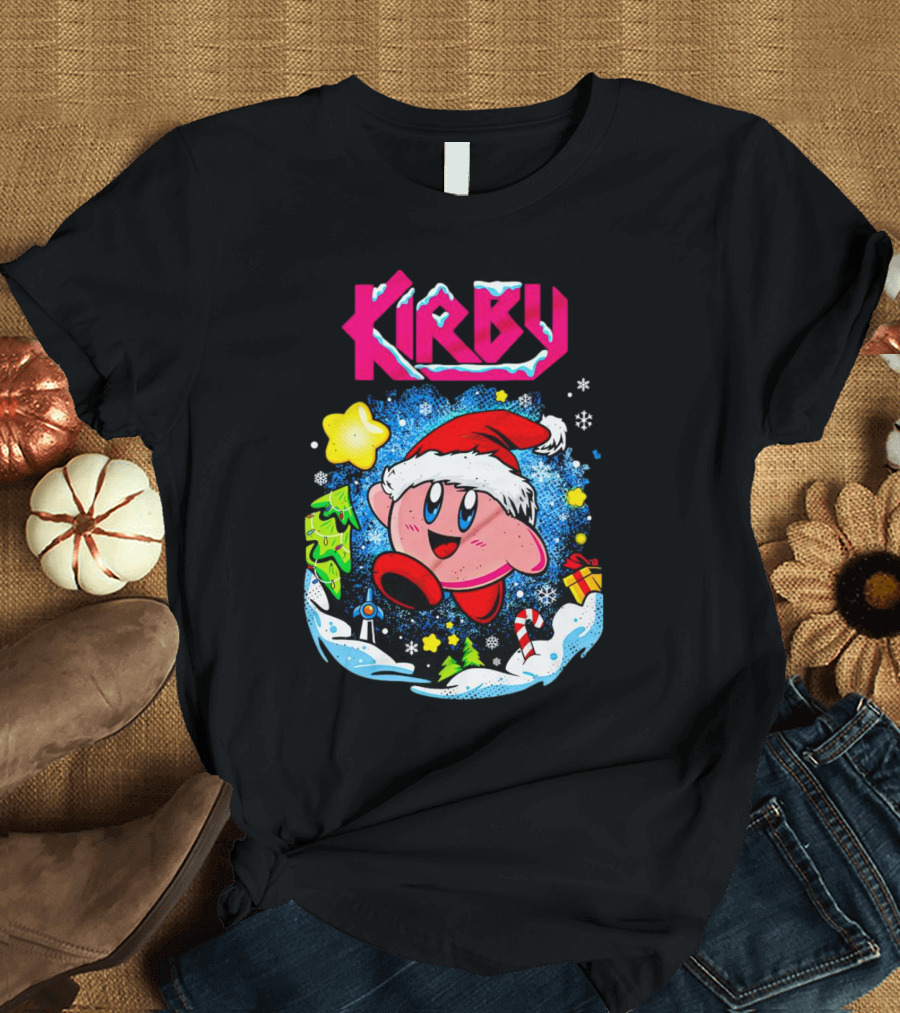 Kirby Holiday Snow Adventure With Kreator Style Santa Hat And Winter Delights T-Shirt