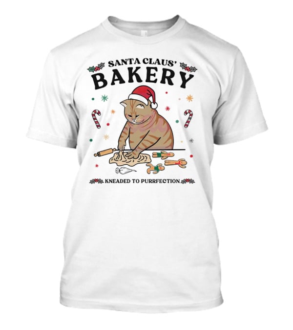 Santa Claus' Bakery Kneaded To Purrfection Cat With Santa Hat Making Cookies T-Shirt