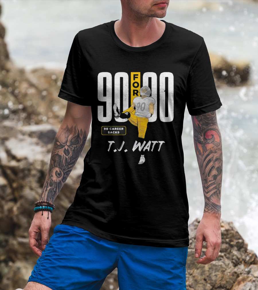 T.J. Watt 90 For 90 Career Sacks Pittsburgh Steelers Football Cartoon T-Shirt