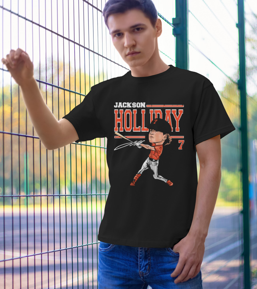 Jackson Holliday Baltimore Orioles Cartoon Batting Stance Number 7 T-Shirt