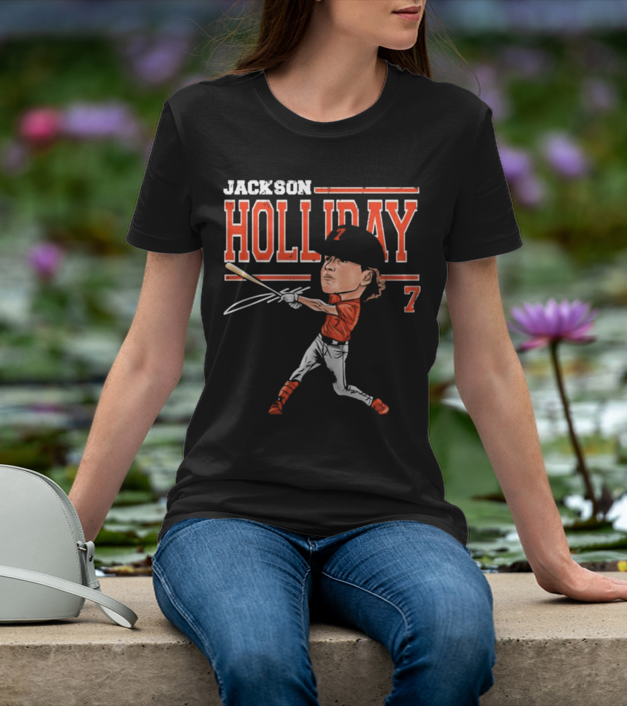 Jackson Holliday Baltimore Orioles Cartoon Batting Stance Number 7 T-Shirt