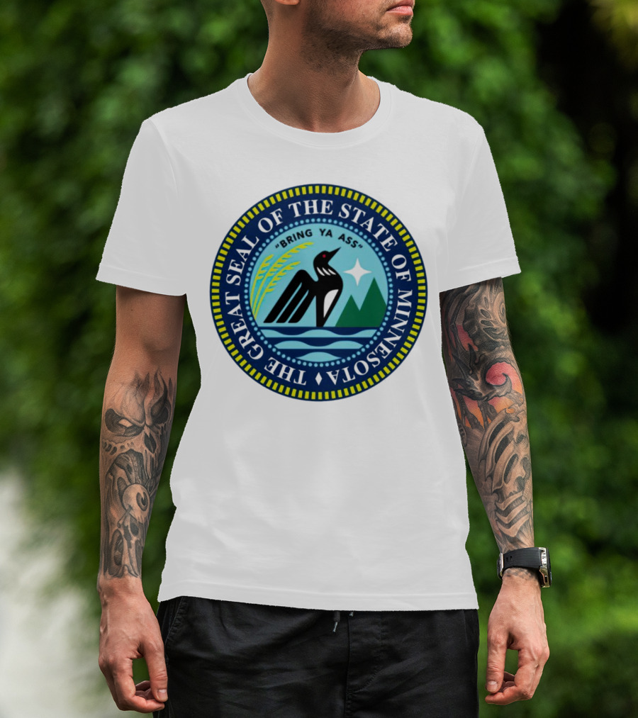 The Great Seal Of The State Of Minnesota Bring Ya Ass Black Bird Mountains Waves Star T-Shirt